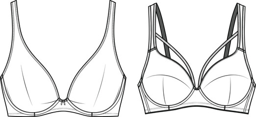 CAD drawing flat vector illustration of women&rsquo;s bra lingerie fashion technical sketch, front and back view intimate clothing design template