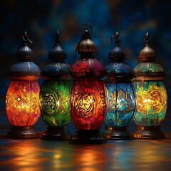 Five colorful decorative lamps, mosaic-style, lit