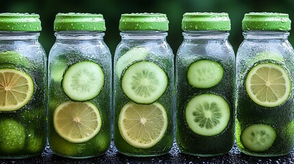 Five clear glass bottles, filled with refreshing cucumber and lime drinks.  Each bottle features visible cucumber and lime slices.  Green lids with water droplets.  Dark background
