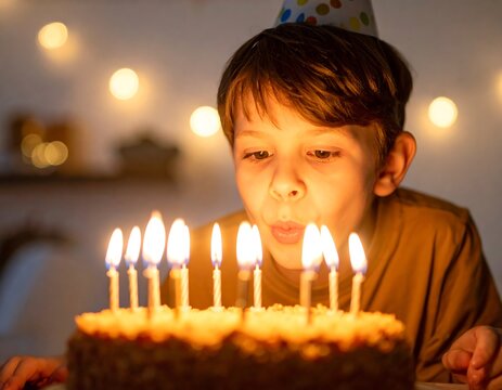 Happy boy blowing out birthday candles