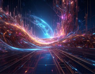 Futuristic cityscape with glowing structures and a planet