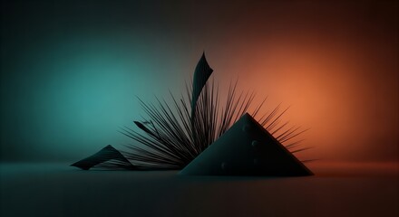 Abstract 3D render, dark teal and orange gradient background, geometric shapes, stylized plant, modern art, digital illustration, minimalist design, contemporary art, artistic render, abstract ba