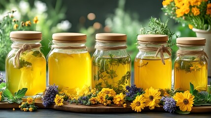 Five glass jars filled with herbal honey, topped with light-brown lids and twine.  Colorful flowers and herbs decorate the wooden board beneath the jars.  Blurred background of greenery
