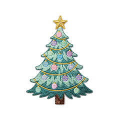 Festive embroidered christmas tree with pastel baubles and golden star topper