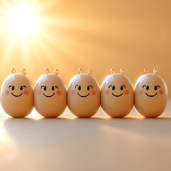 Five light beige, rounded emoji faces,  lined up against a soft beige background,  with sun rays radiating from above