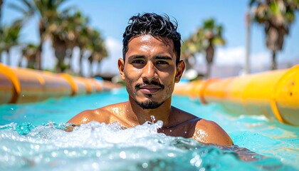 Man in water slide, smiling