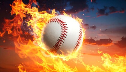 Fiery baseball engulfed in flames against a dramatic sunset