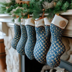 Five navy blue Christmas stockings with gold patterns, hung on a fireplace mantel.  Cream/off-white trim. Festive decor