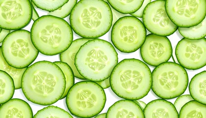 Freshly sliced cucumbers arranged on white background