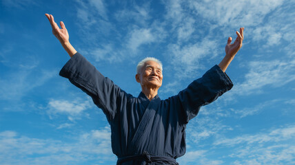 男性が作務衣姿で青空に向かって伸びをする