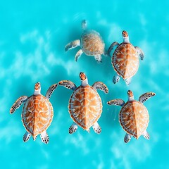 Five sea turtles swimming in turquoise water