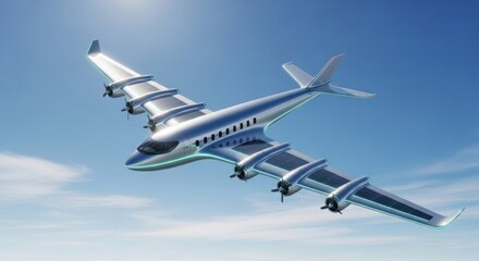 Obraz premium Futuristic Airplane with Multiple Engines Flying High in the Sky.