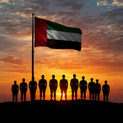 Silhouettes of UAE soldiers with the national flag at sunset symbolize the Armed Forces of the United Arab Emirates, reflecting themes of Commemoration Day, Martyrs Day, and National Day, illustrated 