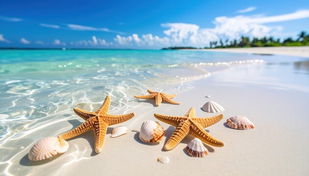 A tranquil beach scene showcases starfish and seashells gently resting on the shore's soft white sand, with the tranquil turquoise water lapping at the edge.
