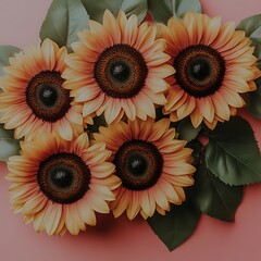 Five sunflowers in warm tones on a pastel pink background