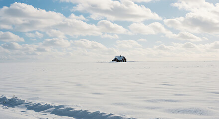 Naklejka premium A lone house stands isolated in a vast, empty field of deep snow under a cloudy sky.
