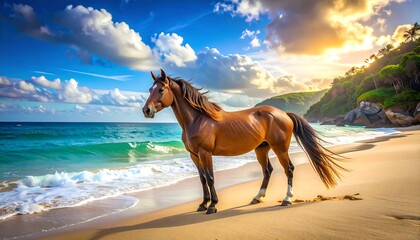 Horse on beach at sunrise