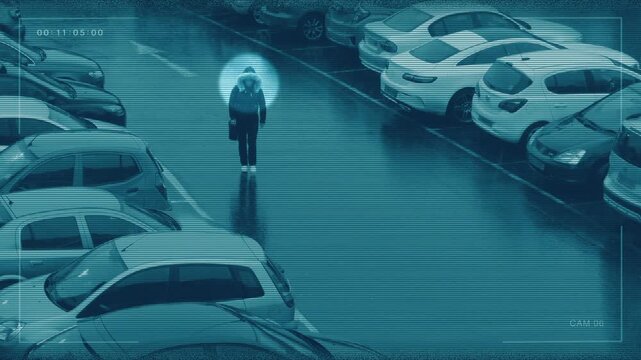 CCTV Anonymous Woman Tracked, Criminal Or Victim Concept
