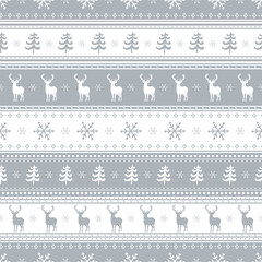 Christmas Sweater Pattern with Deer, Fir Trees, Snowflake. Seamless Striped Print. Christmas Background with Winter Elements. Merry Christmas, Happy New Year Design. Vector illustration in Gray, White