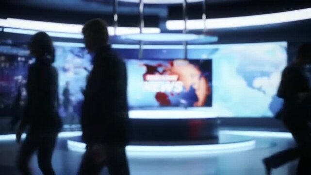 Silhouettes of busy, anonymous news reporters or corporate staff walking quickly in a modern broadcast studio with large screens displaying breaking news graphics.