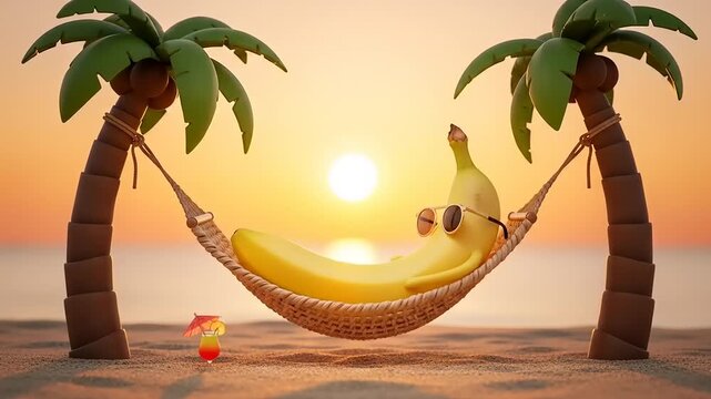 A playful banana character relaxing in a hammock between palm trees at sunset on a beach