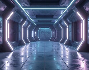 Futuristic corridor bathed in neon light