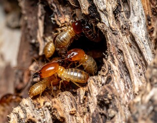 Close-up of termites in a wood nest