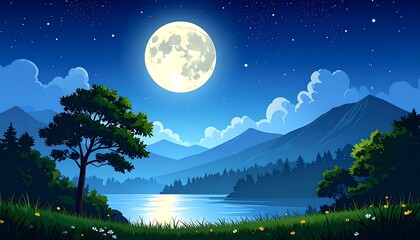 Nighttime landscape with full moon over lake