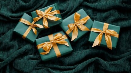Green Gift Boxes with Gold Ribbon for Holiday Celebration, Christmas, New Year, Birthday, Business Present Background