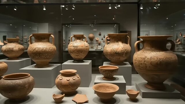 Ancient pottery display in a museum showcasing artifacts