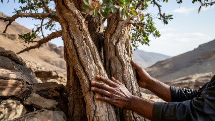 Boswellia tree with textured bark and hands gently touching, showcasing nature's beauty and essence