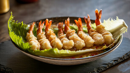 Crispy fried shrimp arranged on a plate with fresh lettuce and dipping sauce for culinary delight