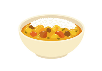 A bowl of rice topped with curry featuring potatoes meat and spices