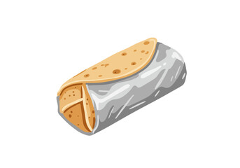 A burrito is wrapped in foil showing the tortilla at the ends and on top