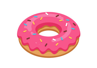 A cartoon donut with pink frosting and colorful sprinkles sits on a white background