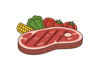 A cartoon steak plate presents grilled meat corn lettuce  tomatoes