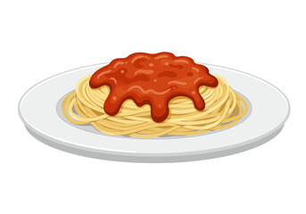 A plate holds spaghetti topped with a generous portion of tomato sauce