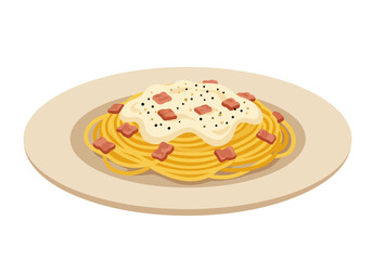 A plate of spaghetti with cream sauce and bacon pieces shown on a white background