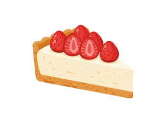 A slice of cheesecake sits against a white backdrop topped with several fresh strawberries