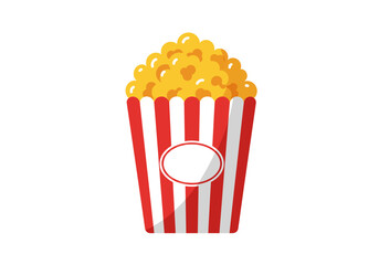 A red and white striped popcorn container overflowing with yellow popcorn and a white circle at the center