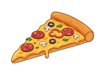 A single cartoon pizza slice with toppings like pepperoni mushroom olives and red bell peppers