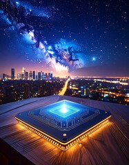 Futuristic CPU on rooftop at night