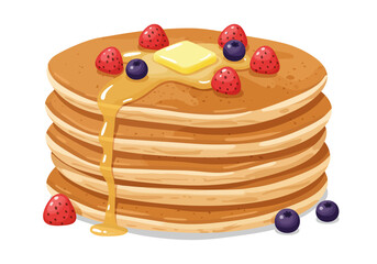 A stack of pancakes topped with butter maple syrup blueberries and strawberries