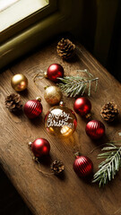 Gold and red Christmas baubles with pine cones and needles on wooden background, empty copy space, concept of greeting