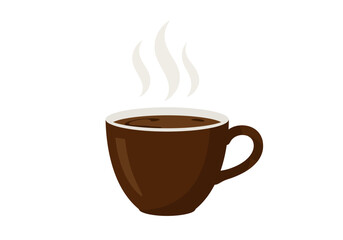 Brown mug filled with dark liquid emits white steam curls against a white background