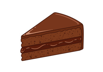 Brown chocolate cake slice with visible filling and icing on a white background