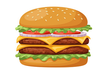 Cartoon double cheeseburger with lettuce tomato onion rings top and bottom buns covered in sesame seeds