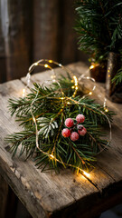 Golden fairy lights on pine branches with pinecones and a silver ornament on wood, festive Christmas decoration, concept of holiday mood