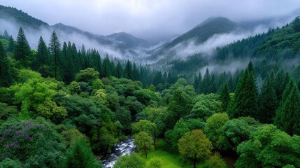Lush Green Rainforest with Misty Morning Fog and Mountainous Backdrop