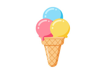 Ice cream cone with blue pink and yellow scoops